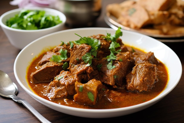 a bowl of beef with a bowl of gravy and a bowl of parsley.