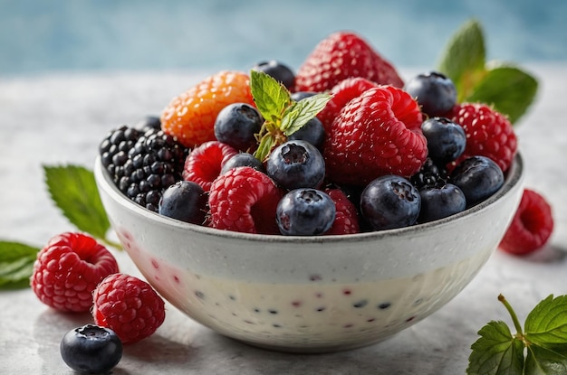 a bowl of berries and raspberries with a strawberries in it