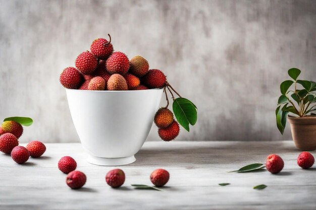 a bowl of berries with a branch on the side of it