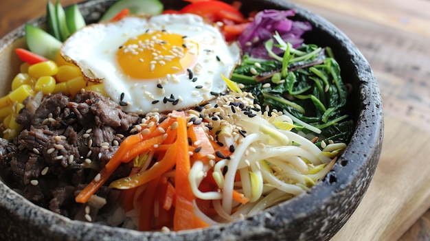 Photo bowl of bibimbap with colorful vegetables beef and a fried egg