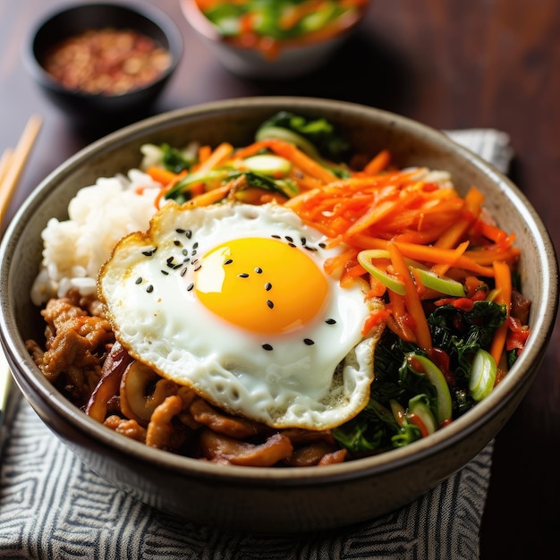 Bowl of bibimbap on the wooden table Traditional korean dish Generative AI