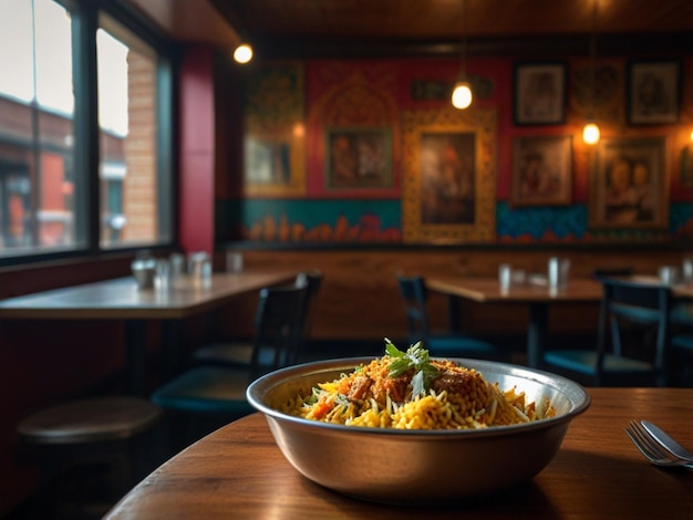 A bowl of biryani rice with chicken pieces