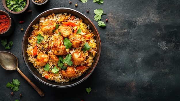 bowl of biryani with chicken pieces background