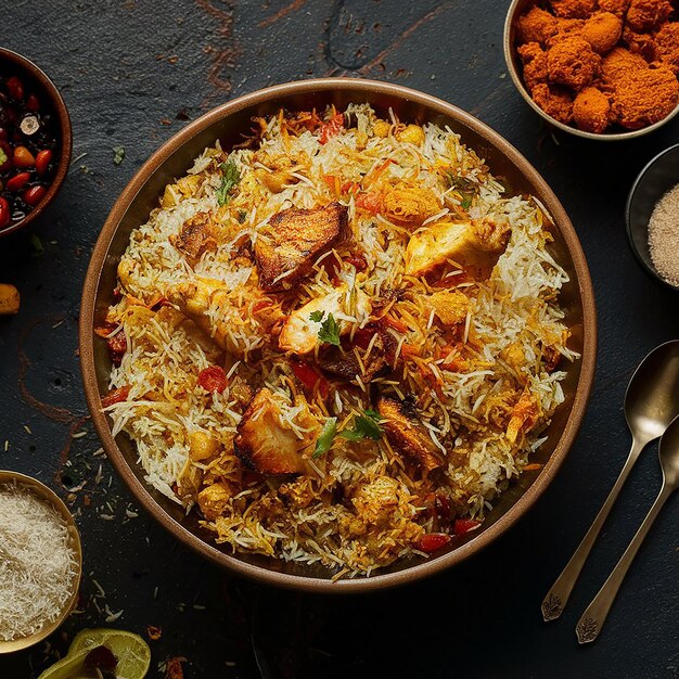 Photo a bowl of biryani with chicken pieces chicken biryani