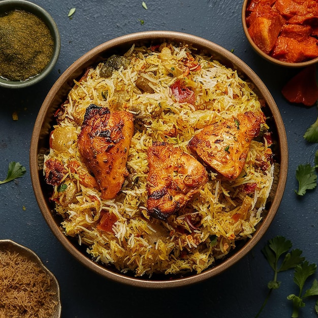 Photo a bowl of biryani with chicken pieces chicken biryani