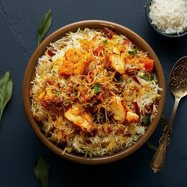 Photo a bowl of biryani with chicken pieces chicken biryani