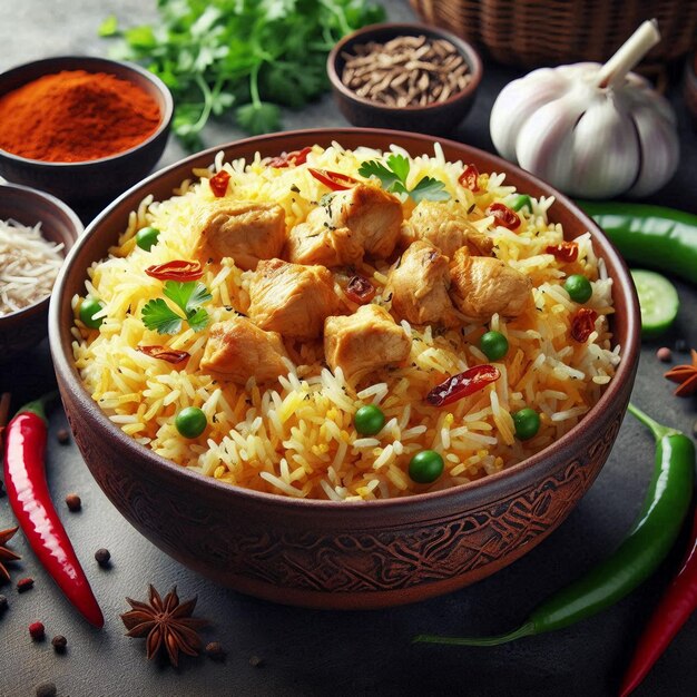 Photo a bowl of biryani with chicken pieces