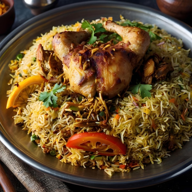 A bowl of biryani with chicken pieces