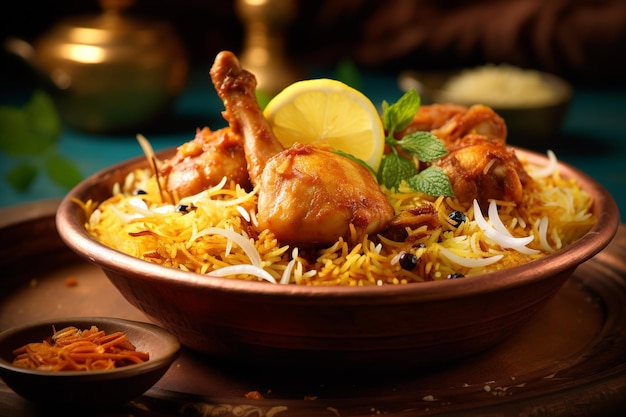 A bowl of biryani with chicken and rice