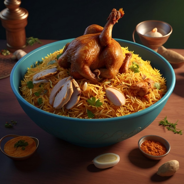 A bowl of biryani with full chicken on a transparent background