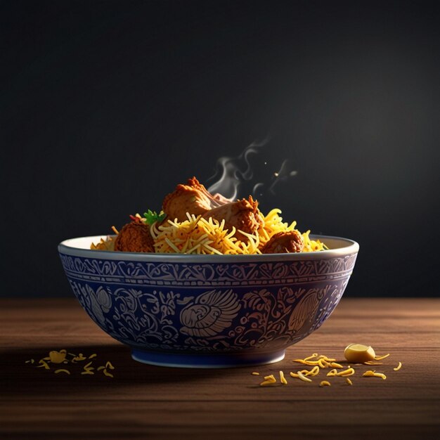 A bowl of biryani with full chicken on a transparent background