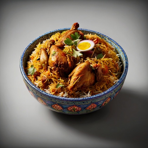 A bowl of biryani with full chicken on a transparent background