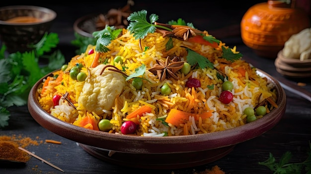 A bowl of biryani with a pumpkin on the side