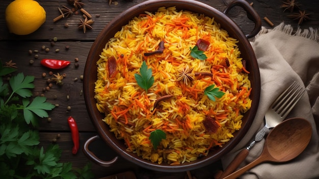 A bowl of biryani with spices and herbs on a wooden table.