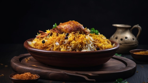 A bowl of biryani with a spoon and a silver teapot on the side.