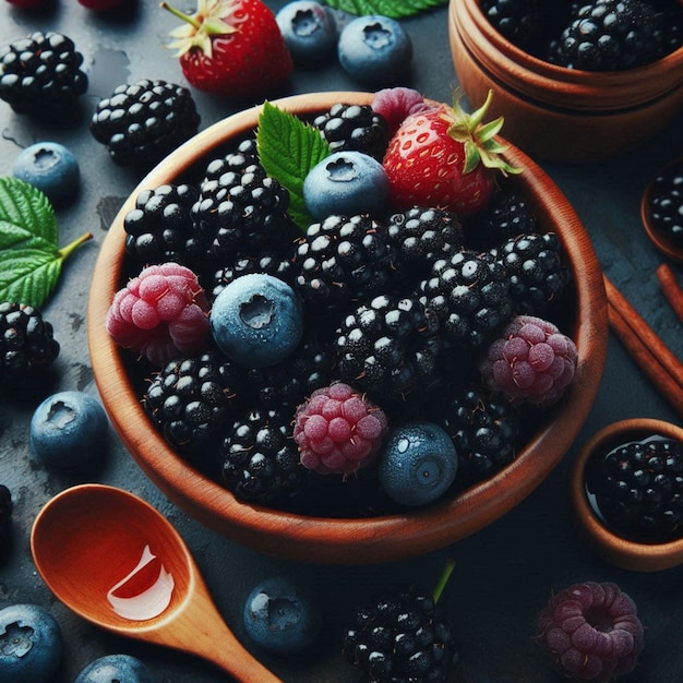 a bowl of blackberries and blackberries with a spoon