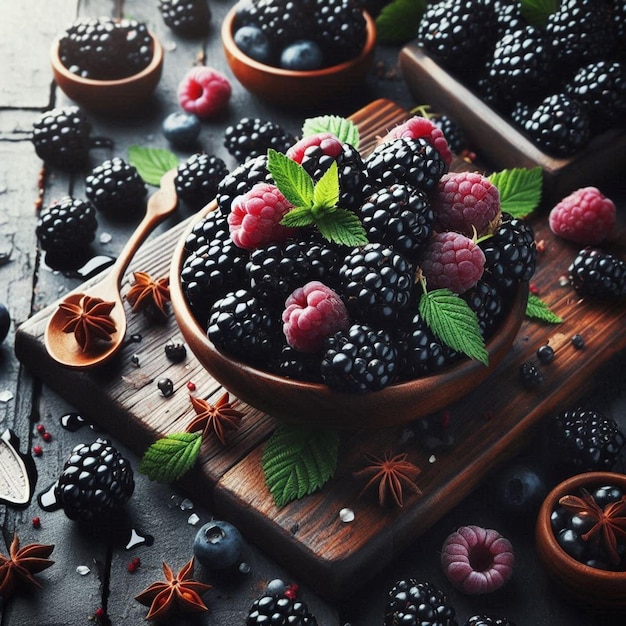 a bowl of blackberries with a leaf on it