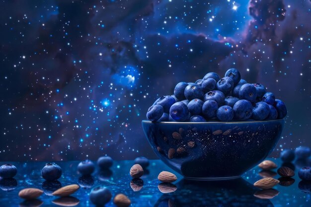 A bowl of blueberries and almonds on a reflective surface with a starry space background