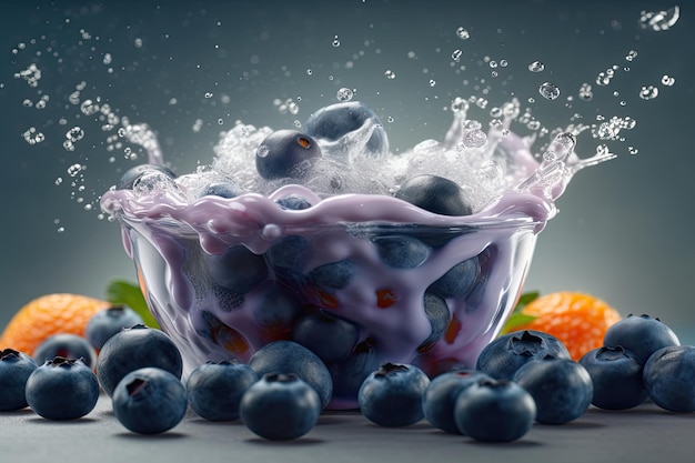 A bowl of blueberries and strawberries with a blueberry and a green leaf on the side.