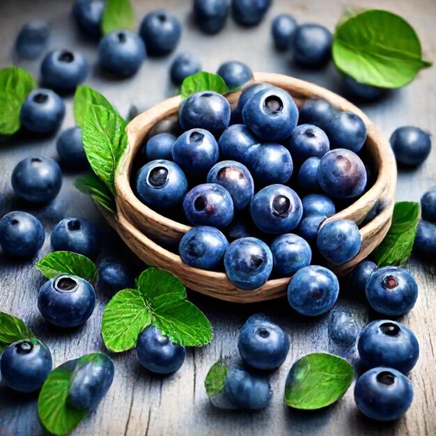 a bowl of blueberries with green leaves and a bowl of blueberries