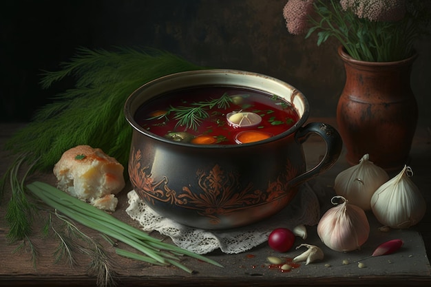 A bowl of borscht with a cup of soup on a table