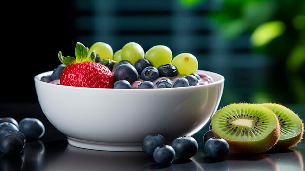 Bowl of Brazilian Frozen Acai Berry with strawberry grapes kiwi and blueberry