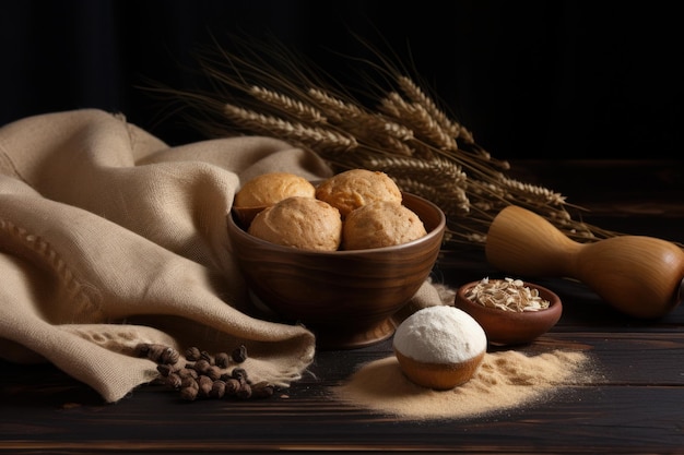 A bowl of bread and a bowl of wheat