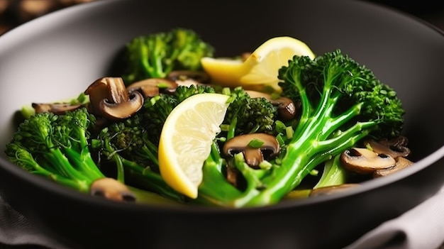 A bowl of broccoli and mushrooms with a lemon slice.