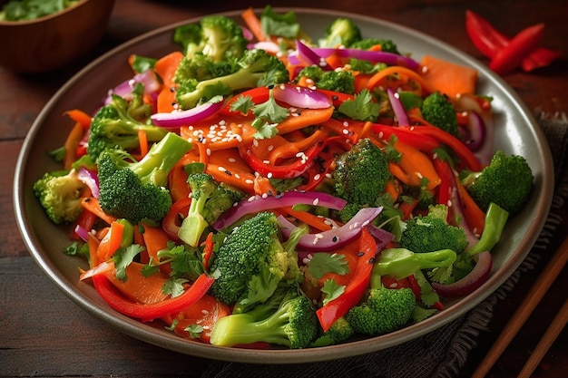 A bowl of broccoli, red onion, and red pepper with sesame seeds.