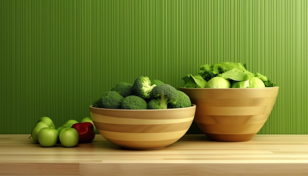 A bowl of broccoli sits on a counter next to a green wall.