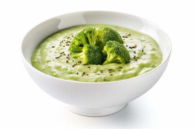 a bowl of broccoli soup with a sprig of parsley