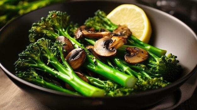 A bowl of broccoli with mushrooms and lemon on the side.