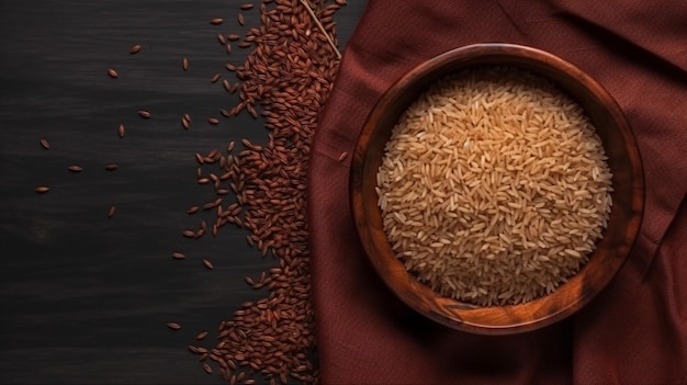 A bowl of brown rice sits next to a red cloth with a red cloth on the side.