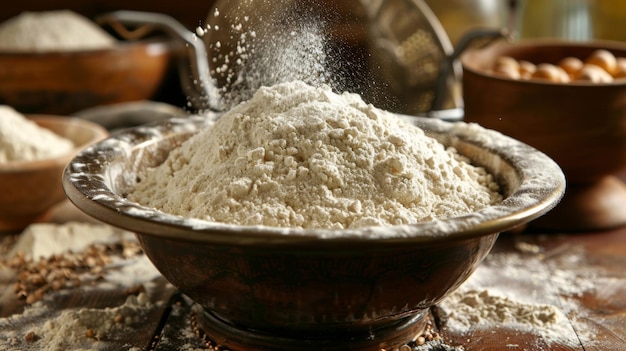 A bowl of buckwheat flour being sifted to remove any lumps or debris ensuring a smooth and even