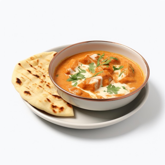 Bowl of butter chicken with a side of naan curry bread plate