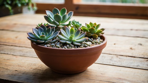 a bowl of cactus is sitting on a wooden table