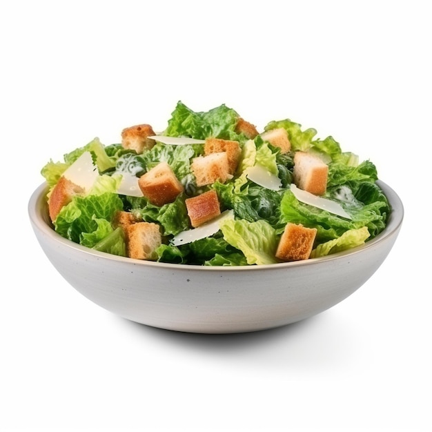 A bowl of caesar salad with parmesan cheese on top