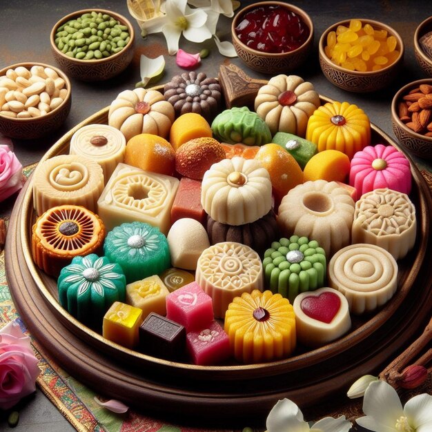 a bowl of candy sits on a table with a wooden rim