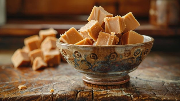 Bowl of caramel fudge cubes on wooden surface