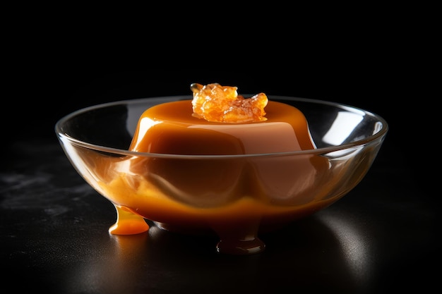 A bowl of caramel sauce with a black background