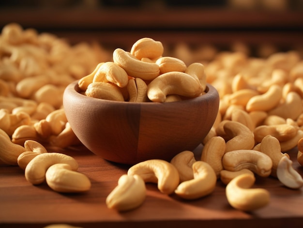 a bowl of cashews is surrounded by a bowl of cashews