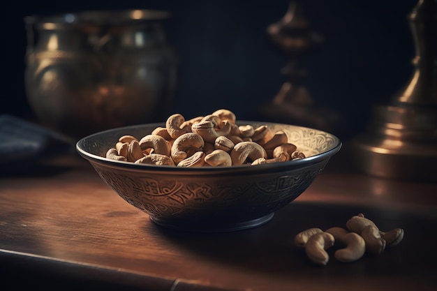 A bowl of cashews sits on a table.