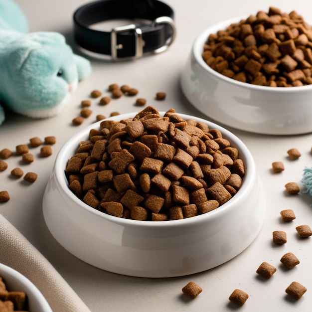 Photo a bowl of cat food with a blue bear in it