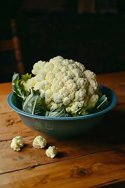 Photo a bowl of cauliflower is on a wooden table