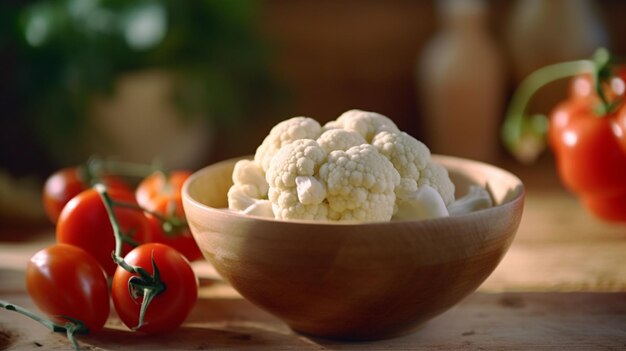 A bowl of cauliflower with red pepper on a wooden table Generative AI