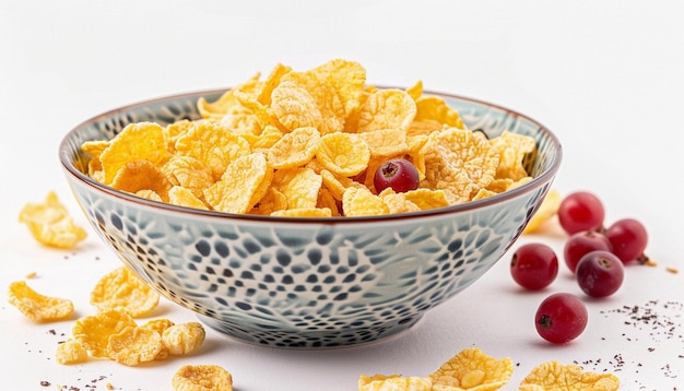 a bowl of cereal and an apple next to a red cherries bowl