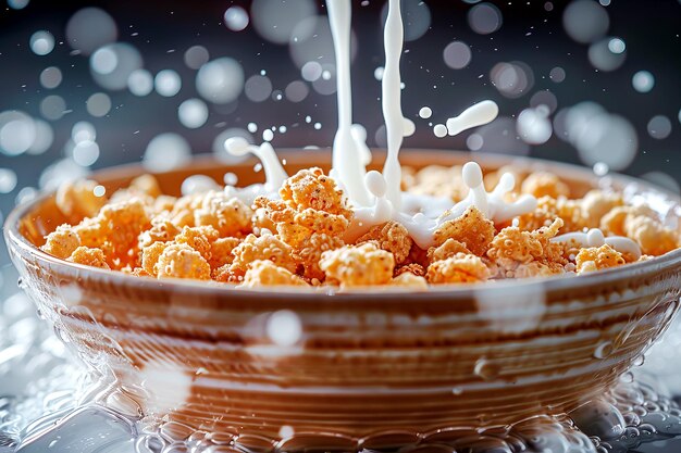 A bowl of cereal being poured with a stream of cold milk