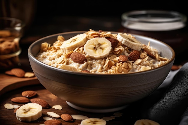 Bowl Of The Cereal With Banana And Almond Slices On Top Generative AI