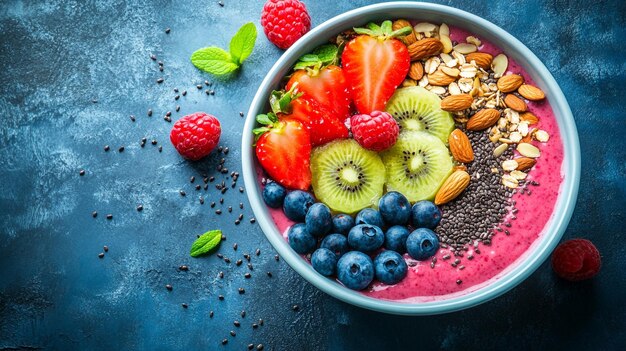 a bowl of cereal with berries and almonds on a blue background