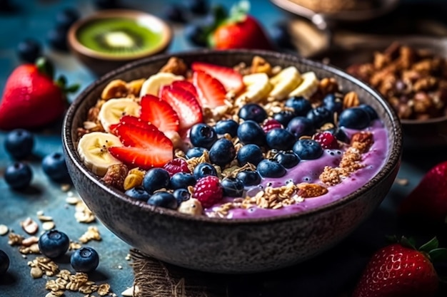 A bowl of cereal with berries and granola on top